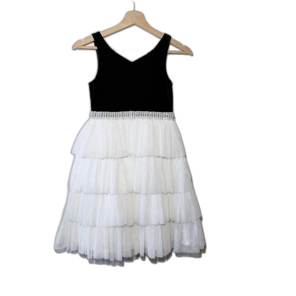 American Princess Black Velvet, Ivory Tull, Back Zip & Bow Girls Size 8